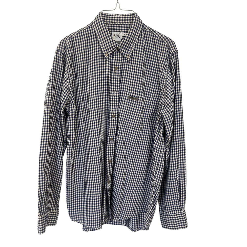 Calvin‎ Klein Jeans Mens Medium Navy Blue Gingham Check Button Down Shirt Long